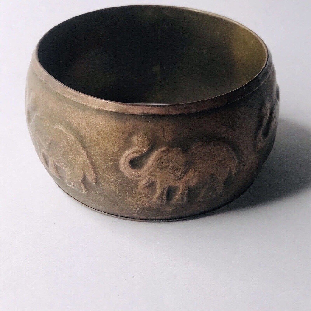 Vintage Brass Elephant 1 1/2" Wide Bangle Bracelet Trunk Up Good Luck